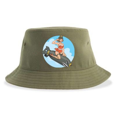 Vintage Retro Comic Style Sexy Woman Riding A Bomb Sustainable Bucket Hat