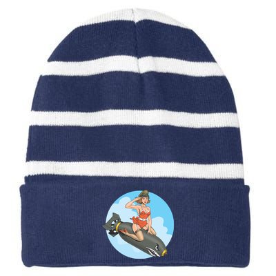 Vintage Retro Comic Style Sexy Woman Riding A Bomb Striped Beanie with Solid Band