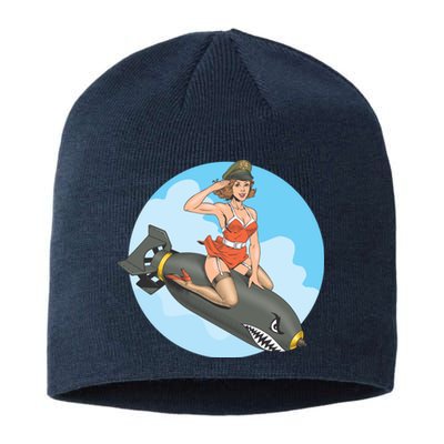 Vintage Retro Comic Style Sexy Woman Riding A Bomb Sustainable Beanie