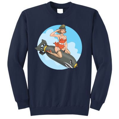 Vintage Retro Comic Style Sexy Woman Riding A Bomb Tall Sweatshirt