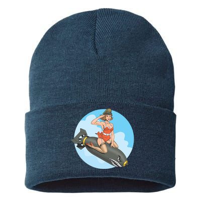 Vintage Retro Comic Style Sexy Woman Riding A Bomb Sustainable Knit Beanie