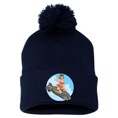 Vintage Retro Comic Style Sexy Woman Riding A Bomb Pom Pom 12in Knit Beanie