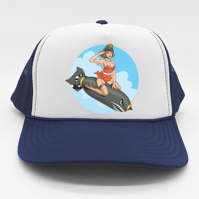 Vintage Retro Comic Style Sexy Woman Riding A Bomb Trucker Hat