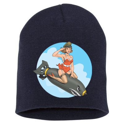 Vintage Retro Comic Style Sexy Woman Riding A Bomb Short Acrylic Beanie