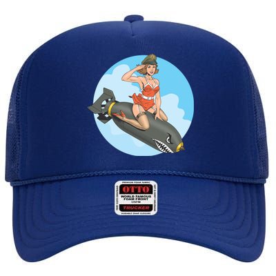 Vintage Retro Comic Style Sexy Woman Riding A Bomb High Crown Mesh Back Trucker Hat