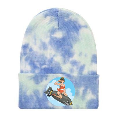 Vintage Retro Comic Style Sexy Woman Riding A Bomb Tie Dye 12in Knit Beanie