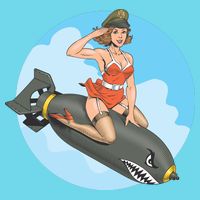 Vintage Retro Comic Style Sexy Woman Riding A Bomb Button