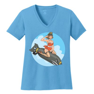 Vintage Retro Comic Style Sexy Woman Riding A Bomb Women's V-Neck T-Shirt