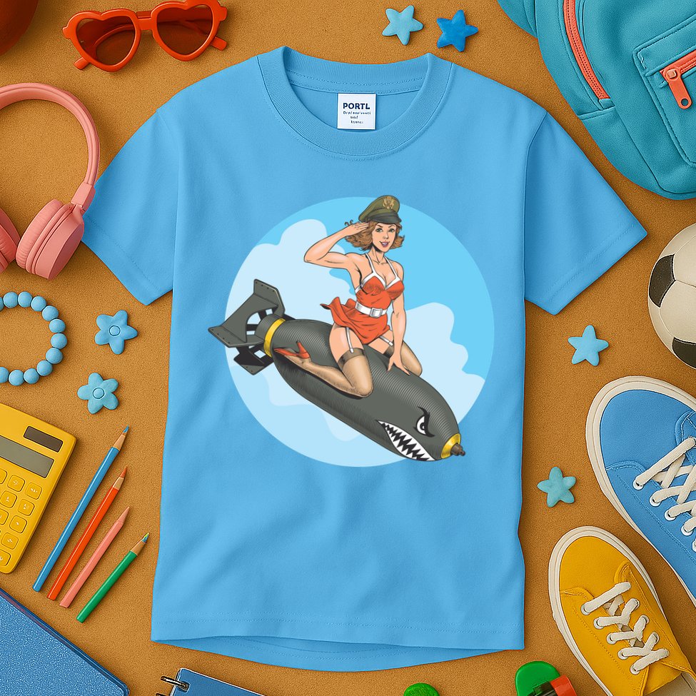 Vintage Retro Comic Style Sexy Woman Riding A Bomb Kids T-Shirt
