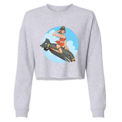 Vintage Retro Comic Style Sexy Woman Riding A Bomb Cropped Pullover Crew