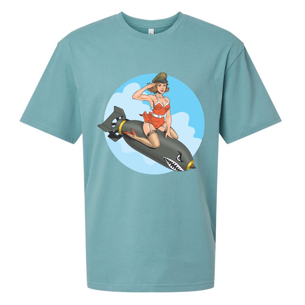 Vintage Retro Comic Style Sexy Woman Riding A Bomb Sueded Cloud Jersey T-Shirt