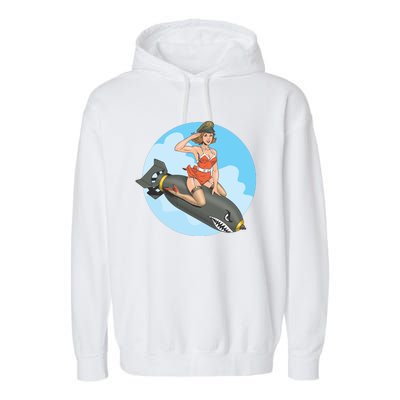 Vintage Retro Comic Style Sexy Woman Riding A Bomb Garment-Dyed Fleece Hoodie