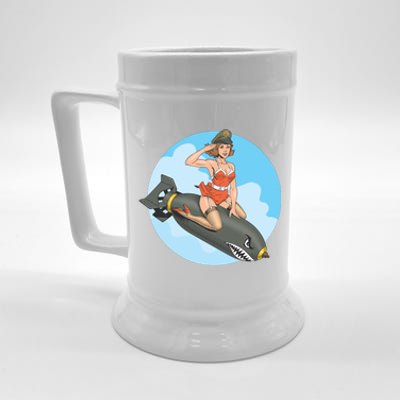 Vintage Retro Comic Style Sexy Woman Riding A Bomb Beer Stein