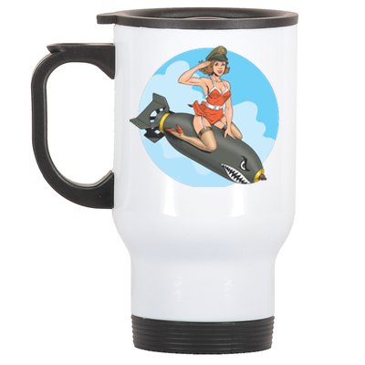 Vintage Retro Comic Style Sexy Woman Riding A Bomb Stainless Steel Travel Mug