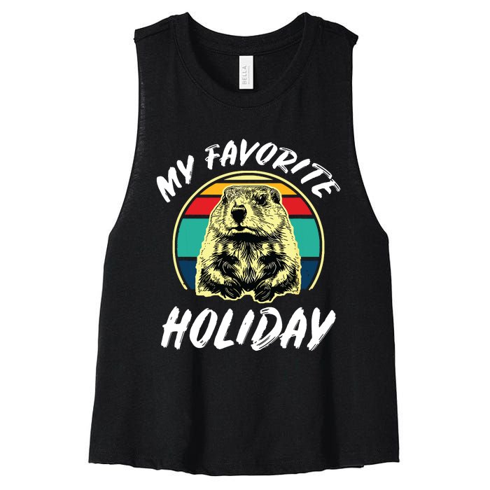 Vintage Retro Cute Groundhog Holiday Women's Racerback Cropped Tank