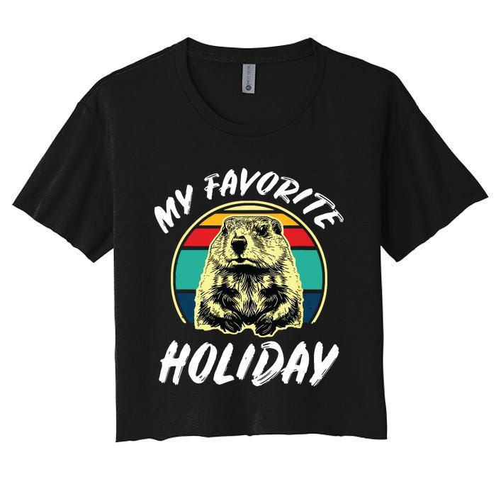 Vintage Retro Cute Groundhog Holiday Women's Crop Top Tee