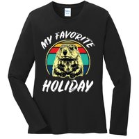 Vintage Retro Cute Groundhog Holiday Ladies Long Sleeve Shirt