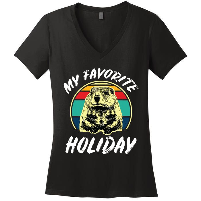 Vintage Retro Cute Groundhog Holiday Women's V-Neck T-Shirt