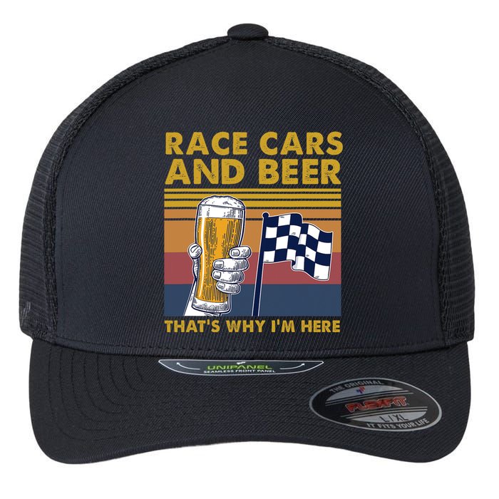 Vintage Race Cars Checkered Flag Beer Thats Why Im Here Flexfit Unipanel Trucker Cap