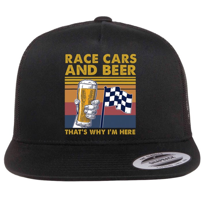 Vintage Race Cars Checkered Flag Beer Thats Why Im Here Flat Bill Trucker Hat