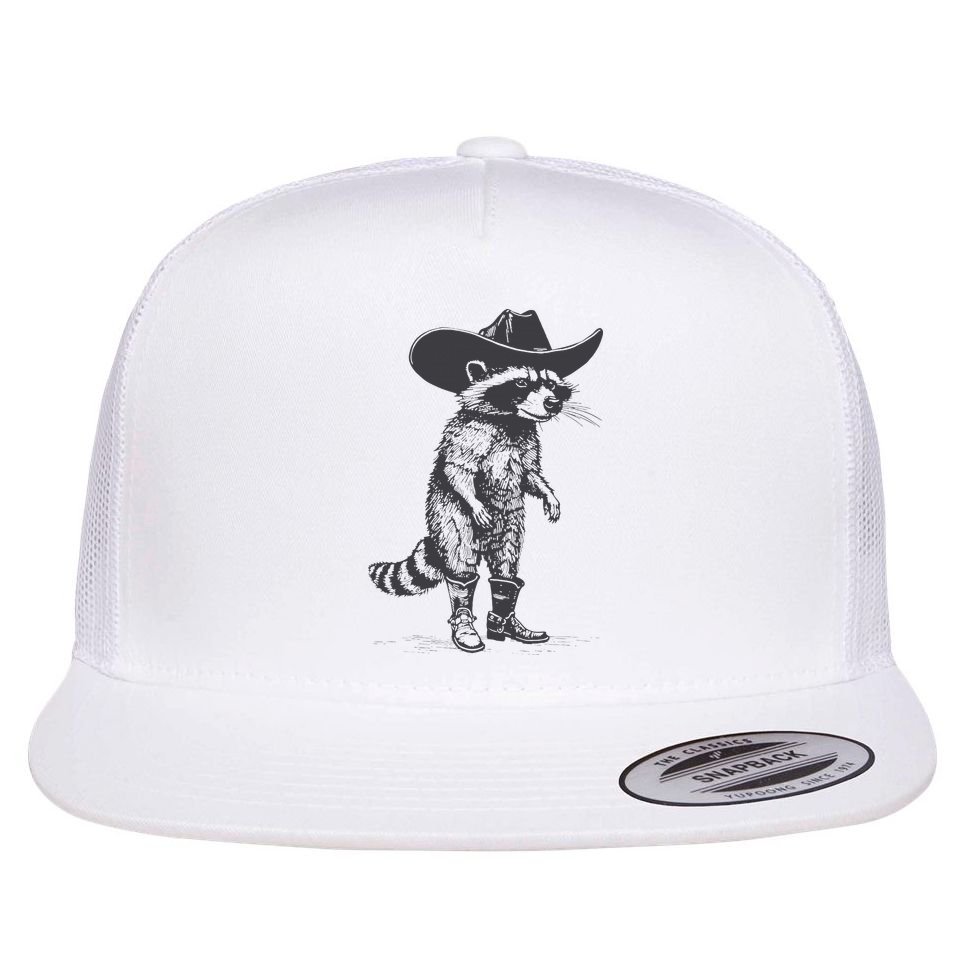 Vintage Raccoon Cowboy Cowgirl Trash Panda Western Country Flat Bill Trucker Hat
