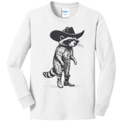 Vintage Raccoon Cowboy Cowgirl Trash Panda Western Country Kids Long Sleeve Shirt