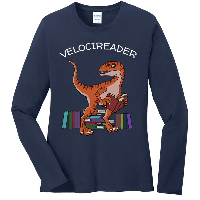 Velocireader Raptor Dinosaur Trex Bookworm Read Booklover Ladies Long Sleeve Shirt