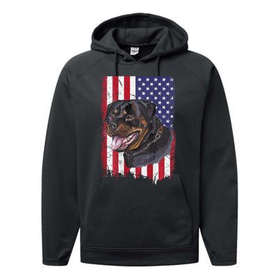 Vintage Rottweiler Dag Lover Father's Day USA American Flag Performance Fleece Hoodie