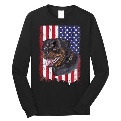 Vintage Rottweiler Dag Lover Father's Day USA American Flag Long Sleeve Shirt