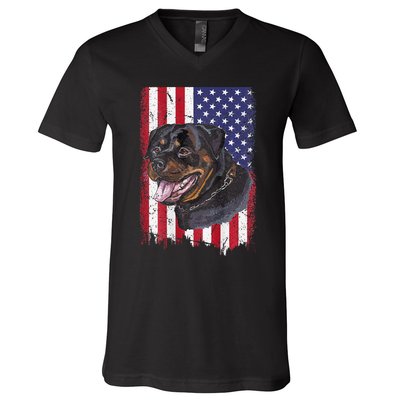 Vintage Rottweiler Dag Lover Father's Day USA American Flag V-Neck T-Shirt