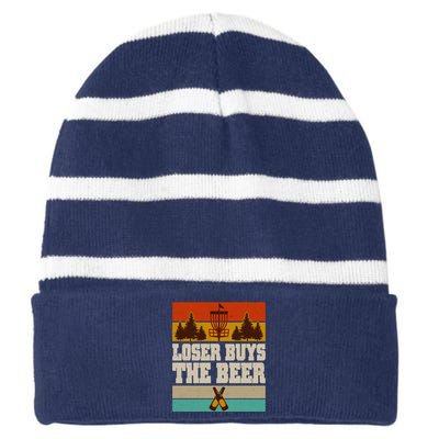 Vintage Retro Disc Golf Loser Buys The Beer Striped Beanie with Solid Band