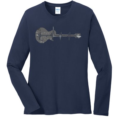 Vintage Retro Distressed Heartbeat Guitar Music Lover Gift Ladies Long Sleeve Shirt