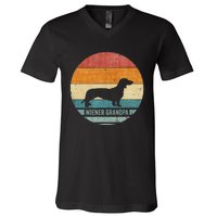 Vintage Retro Dachshund Grandpa Wiener Silhouette Puppy Love V-Neck T-Shirt