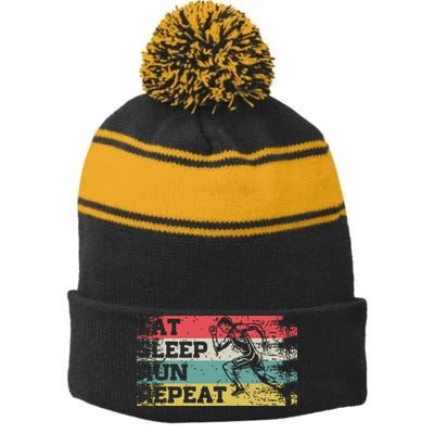 Vintage Retro Eat Sleep Run Repeat Funny Running Runner Gift Stripe Pom Pom Beanie