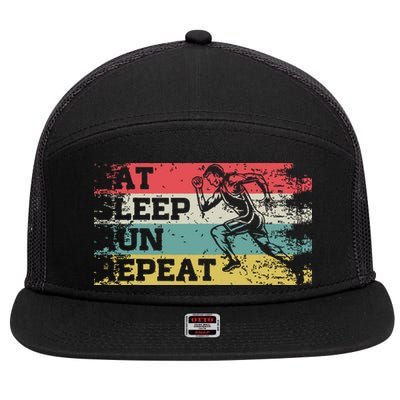 Vintage Retro Eat Sleep Run Repeat Funny Running Runner Gift 7 Panel Mesh Trucker Snapback Hat