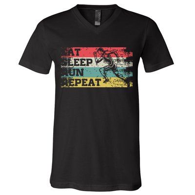 Vintage Retro Eat Sleep Run Repeat Funny Running Runner Gift V-Neck T-Shirt