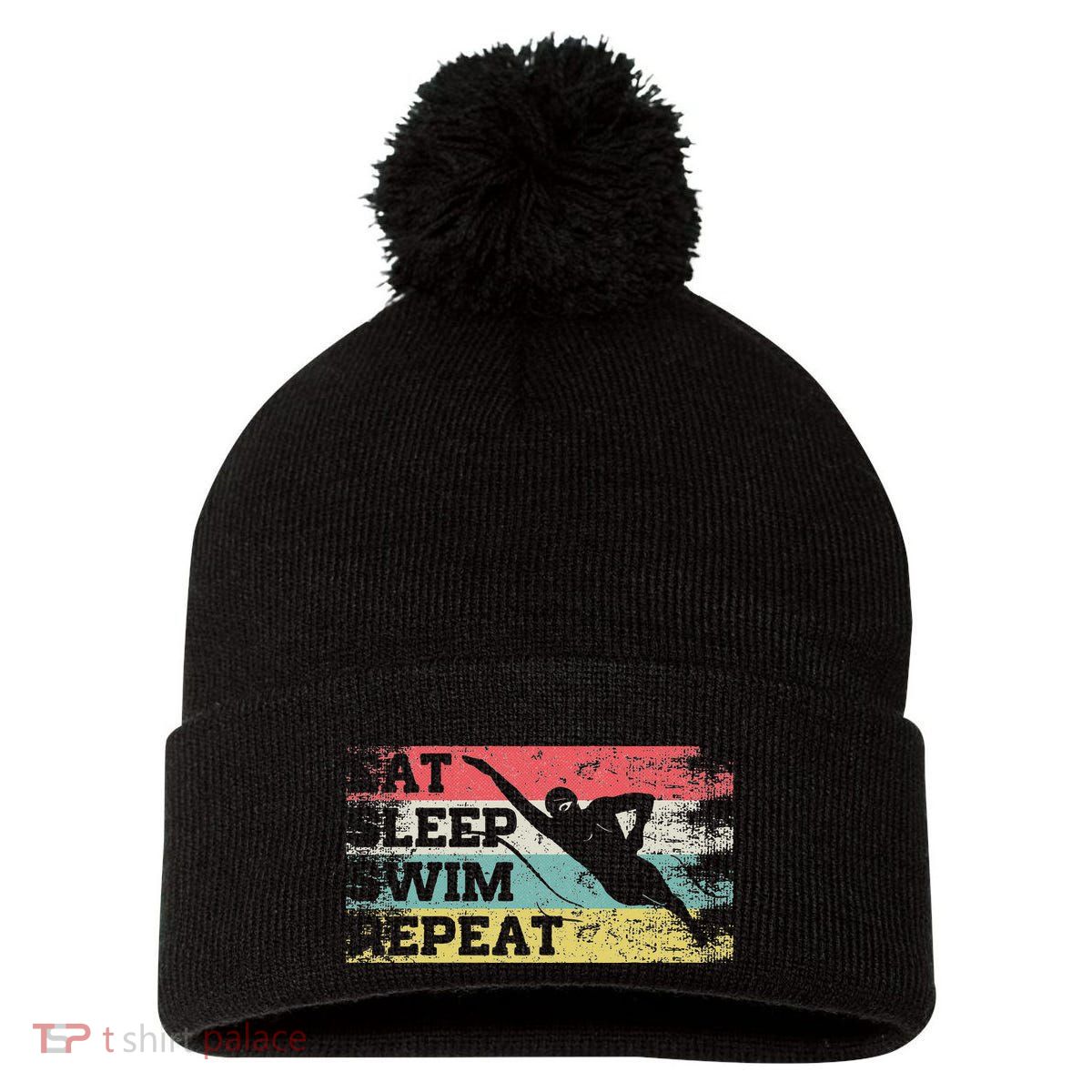 Vintage Retro Eat Sleep Swim Repeat Funny Swimmer Cool Pom Pom 12in Knit Beanie