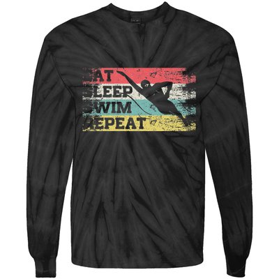 Vintage Retro Eat Sleep Swim Repeat Funny Swimmer Cool Tie-Dye Long Sleeve Shirt