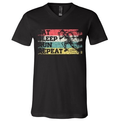 Vintage Retro Eat Sleep Run Repeat Funny Running Runner Gift V-Neck T-Shirt