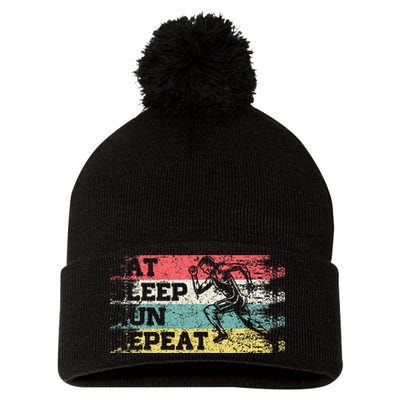 Vintage Retro Eat Sleep Run Repeat Funny Running Runner Gift Pom Pom 12in Knit Beanie