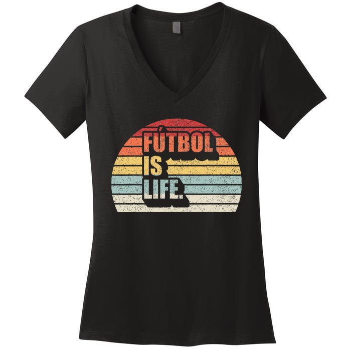 Vintage Retro Futbol Is Life Women's V-Neck T-Shirt