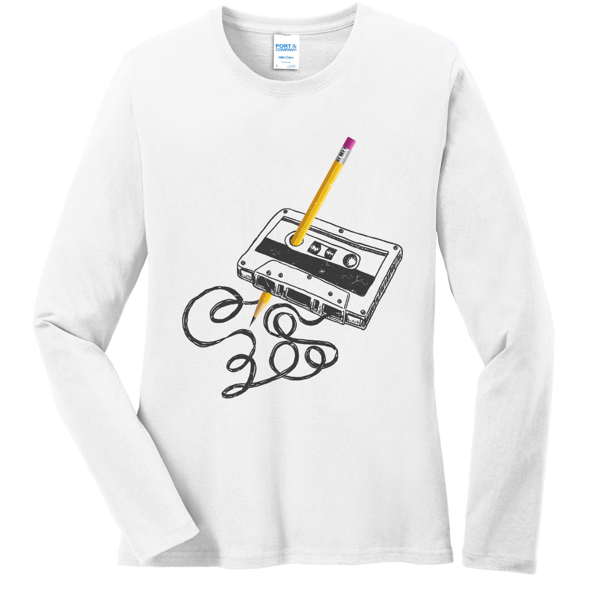 Vintage Rewind Funny Cassette Pencil Gift Ladies Long Sleeve Shirt