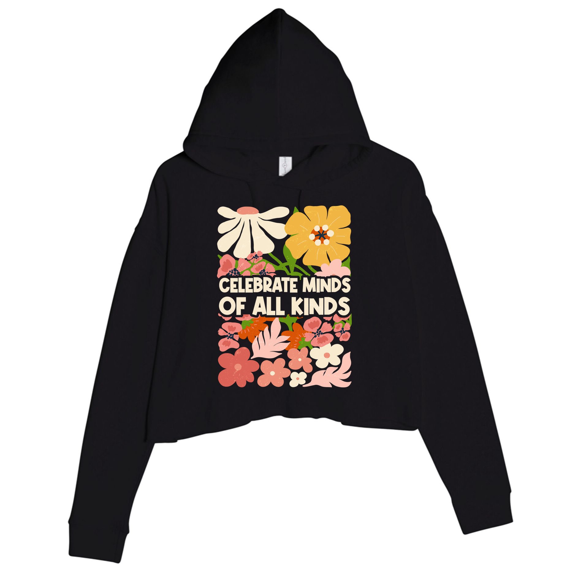 Vintage Retro Floral Celebrate Minds of All Kinds Crop Fleece Hoodie