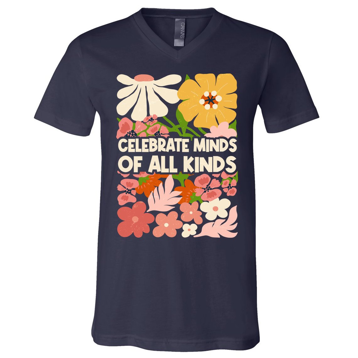 Vintage Retro Floral Celebrate Minds of All Kinds V-Neck T-Shirt