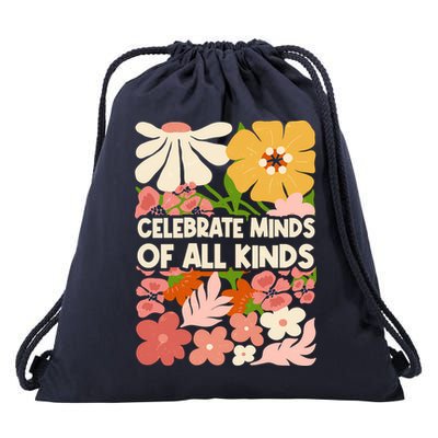 Vintage Retro Floral Celebrate Minds of All Kinds Drawstring Bag
