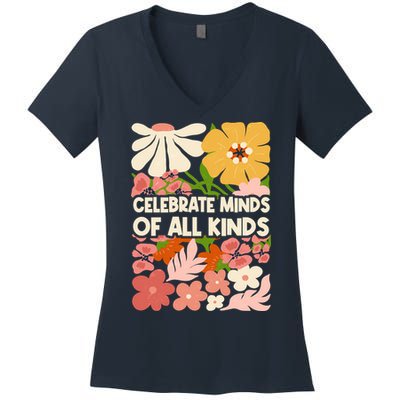 Vintage Retro Floral Celebrate Minds of All Kinds Women's V-Neck T-Shirt