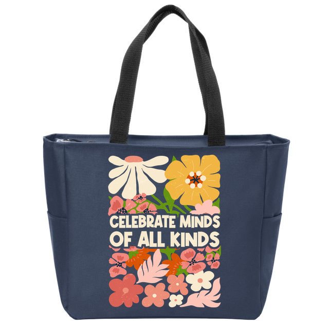 Vintage Retro Floral Celebrate Minds of All Kinds Zip Tote Bag