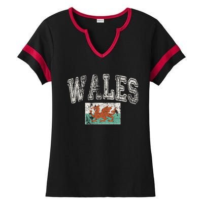 Vintage Retro Faded Wales Flag Welsh Pride Gift Ladies Halftime Notch Neck Tee