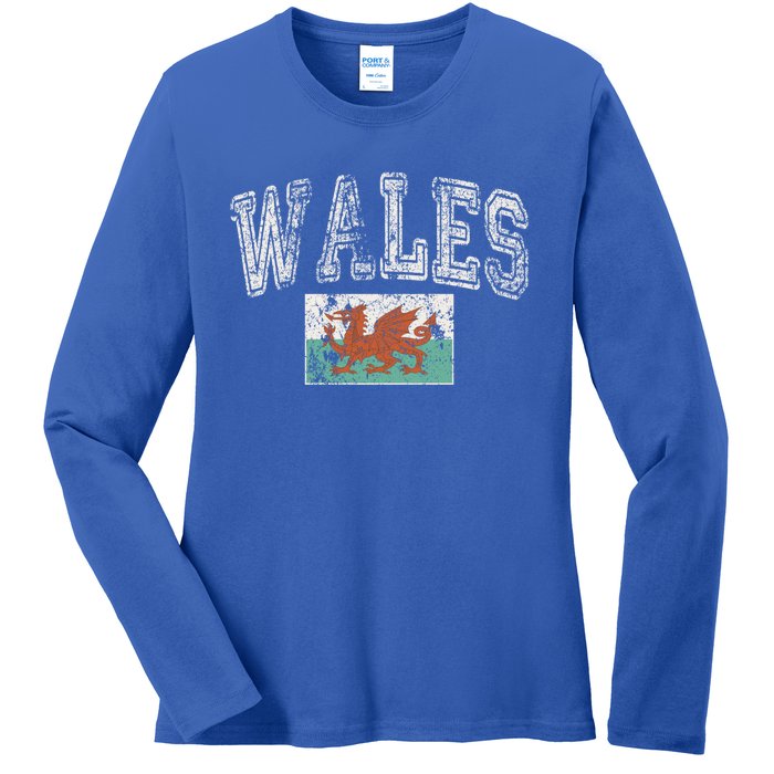 Vintage Retro Faded Wales Flag Welsh Pride Gift Ladies Long Sleeve Shirt