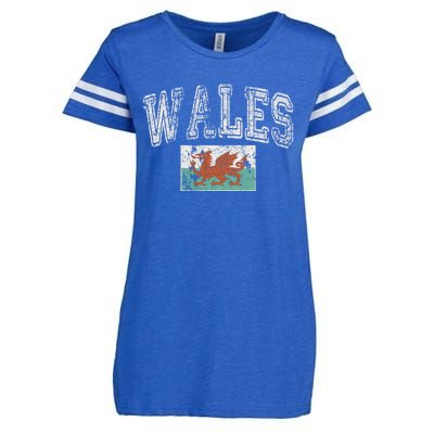 Vintage Retro Faded Wales Flag Welsh Pride Gift Enza Ladies Jersey Football T-Shirt